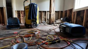 Phoenix dehumidifiers and high-velocity air movers deployed for structural drying with exposed wall framing