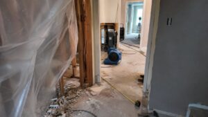 Multi-phase water damage restoration showing demolition, drying, and reconstruction stages in residential property