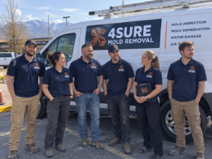 Sean plus the 5 techs, in front of the truck or the building, wearing 4Sure shirts