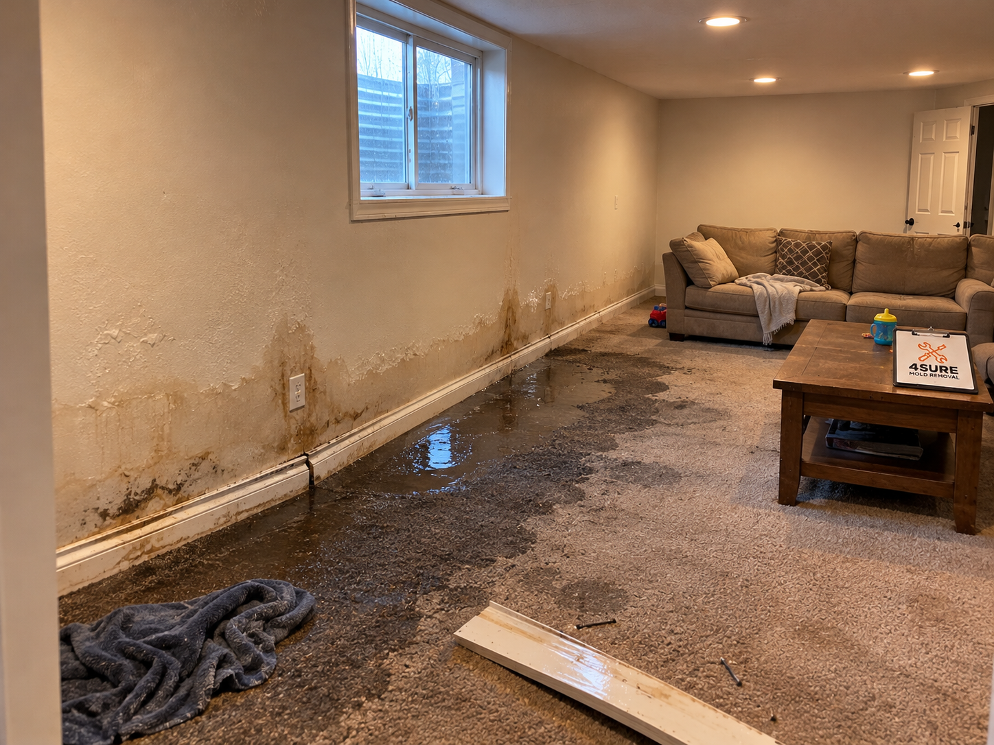 Water-damaged finished basement in Legacy Farms before 4Sure Mold Removal restoration, Spanish Fork UT