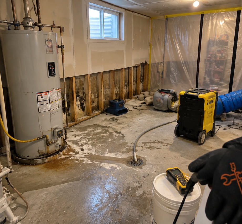 Basement water damage and mold remediation after a leaking water heater in Harvest Hills, Saratoga Springs UT
