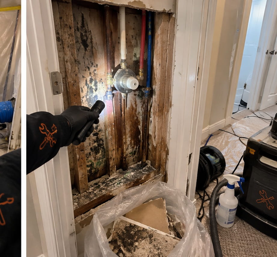 Bathroom mold remediation from a slow plumbing leak behind a shower wall near Redwood Road in Saratoga Springs UT