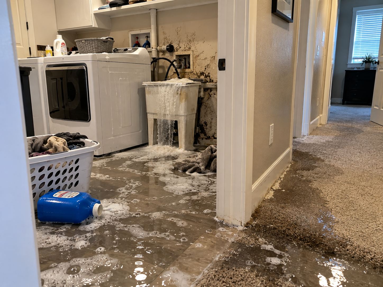 Laundry room and hallway flooded by a laundry drain line backup in Annies Acres, Spanish Fork UT