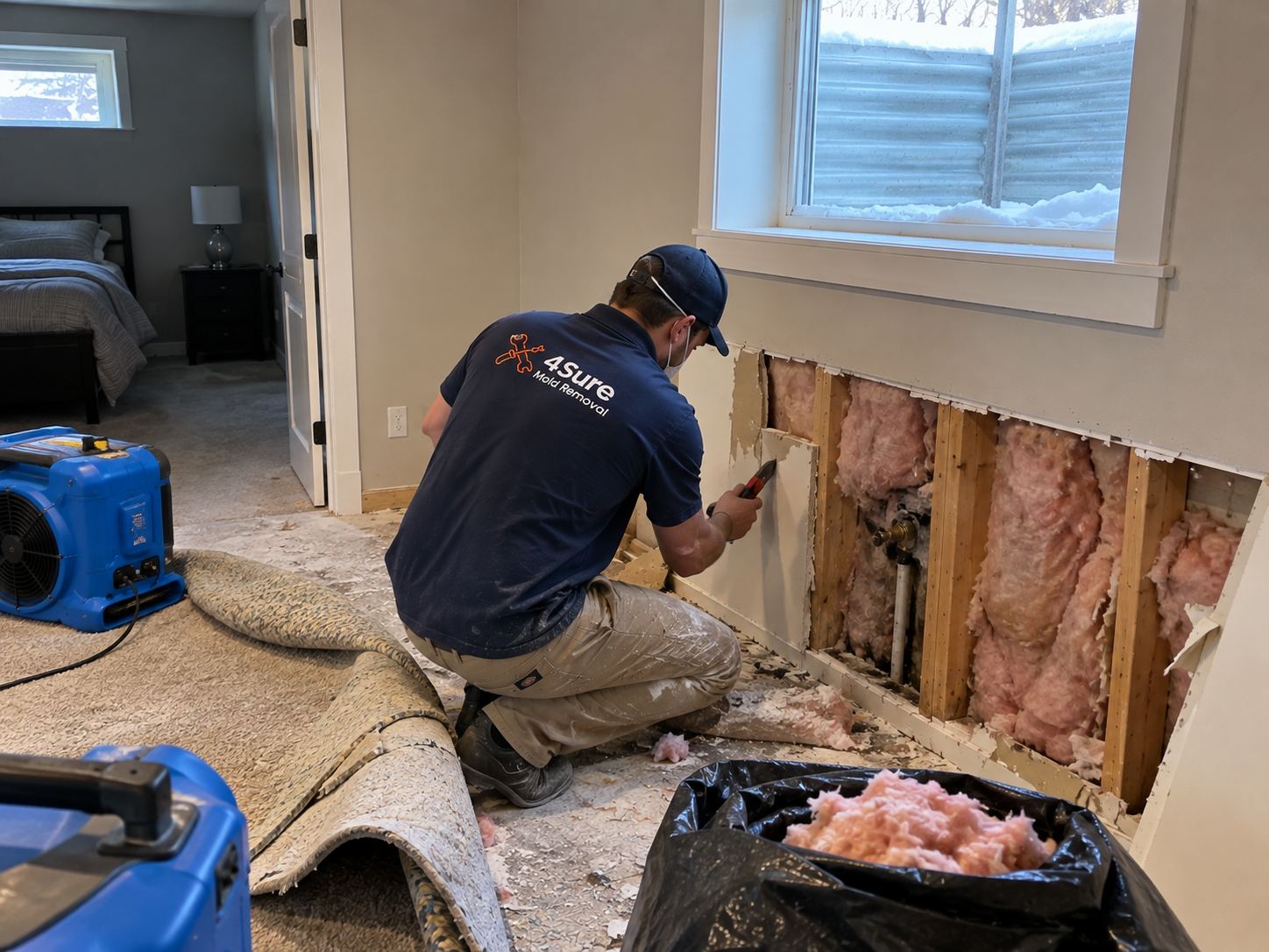 4Sure Mold Removal technician cutting out wet basement drywall after a burst hose bib in Arrowhead, Spanish Fork UT