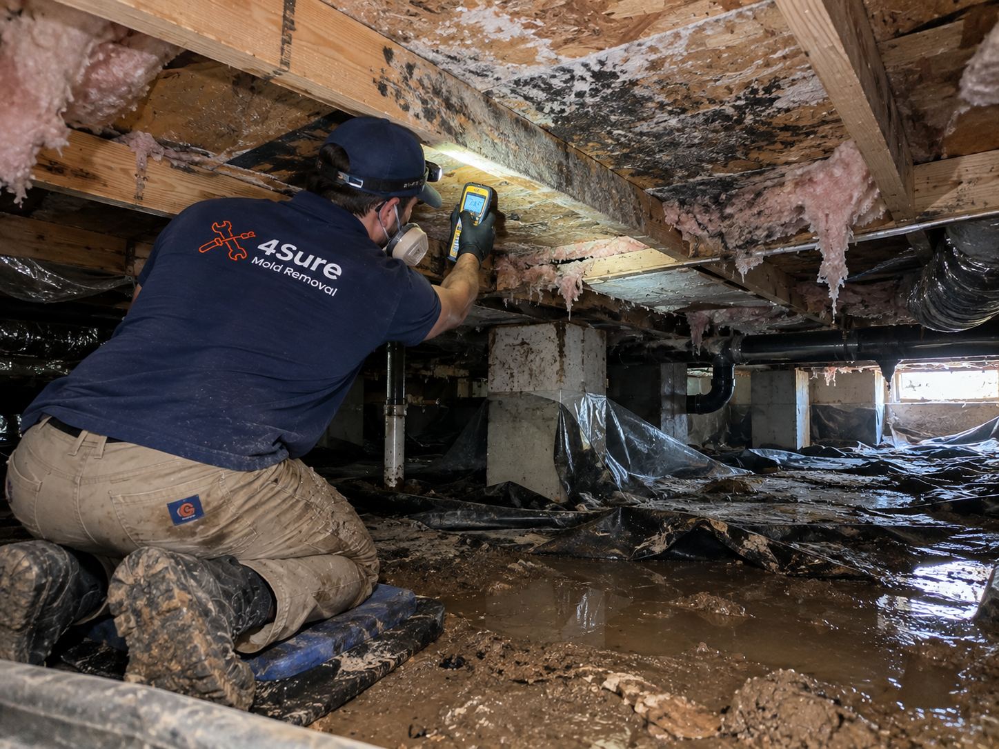 4Sure Mold Removal technician inspecting crawlspace mold after heavy canyon runoff along Canyon Creek, Spanish Fork UT