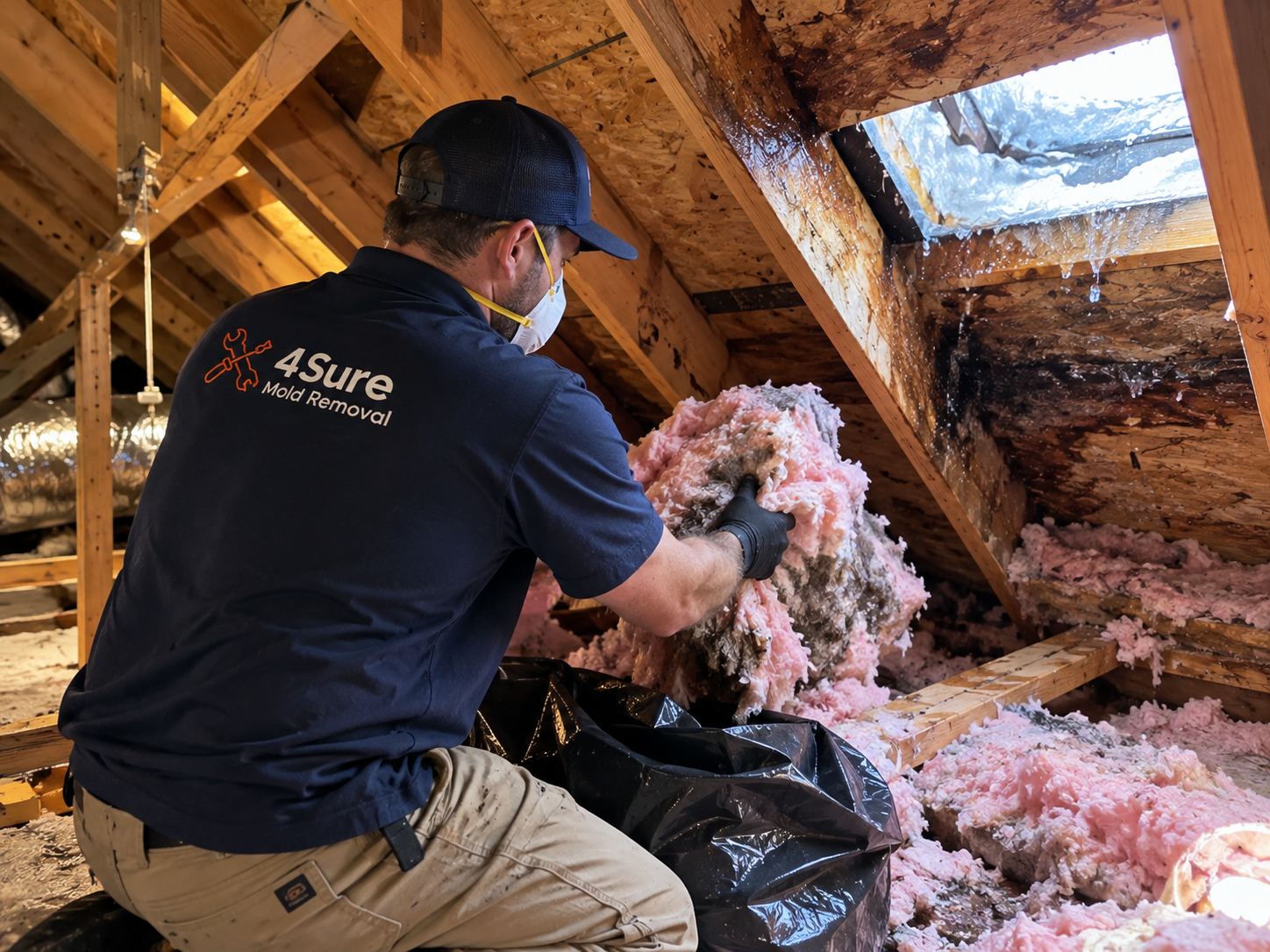 4Sure Mold Removal technician removing wet attic insulation after an ice dam leak in Canyon Hills, Spanish Fork UT