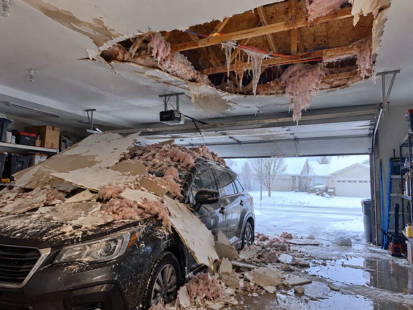 Garage ceiling collapsed by a frozen attic pipe burst in Canyon View, Spanish Fork UT