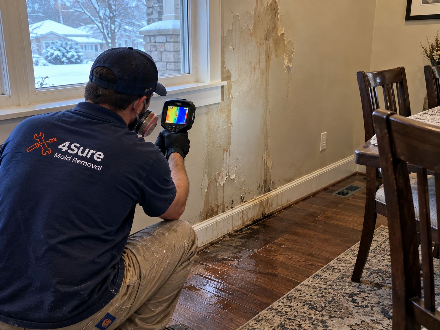 4Sure Mold Removal technician scanning an exterior wall with a thermal camera after a burst pipe near Centennial Park, Spanish Fork UT