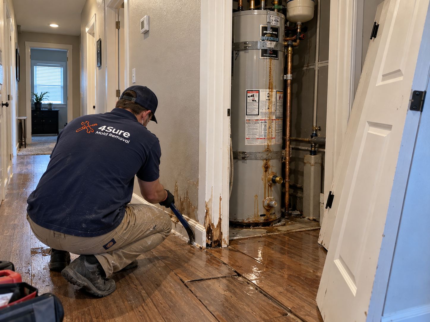 4Sure Mold Removal technician removing water-damaged baseboard near a leaking water heater in Del Monte, Spanish Fork UT