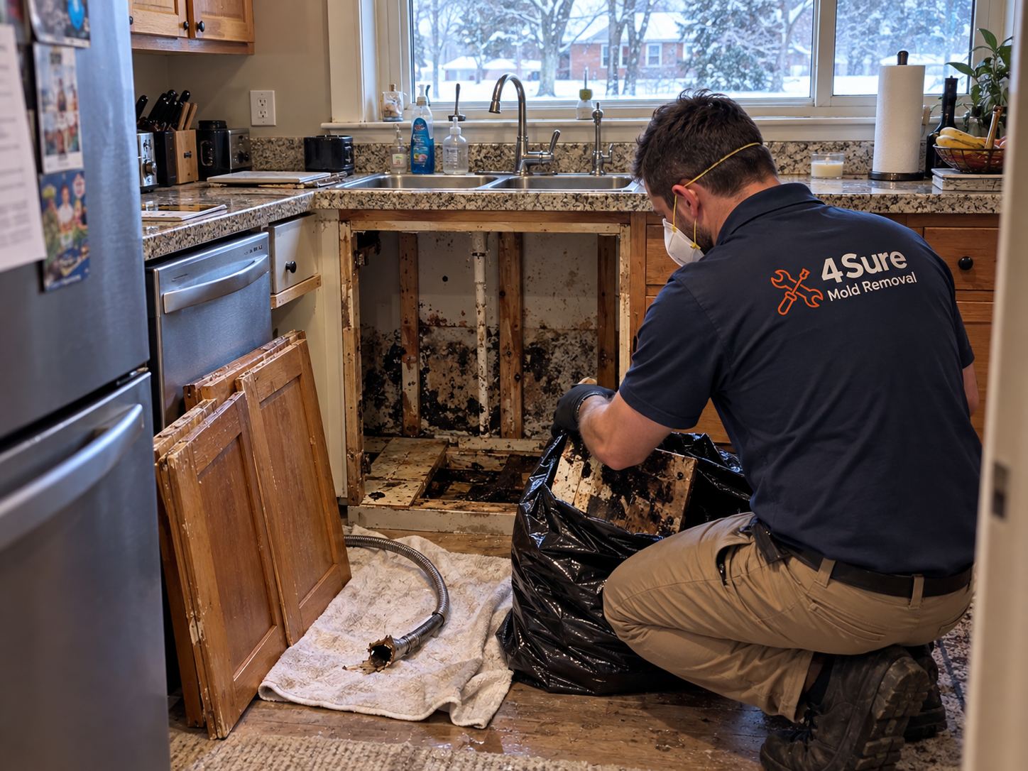 4Sure Mold Removal technician removing a moldy kitchen cabinet base after a burst supply line in downtown Spanish Fork UT