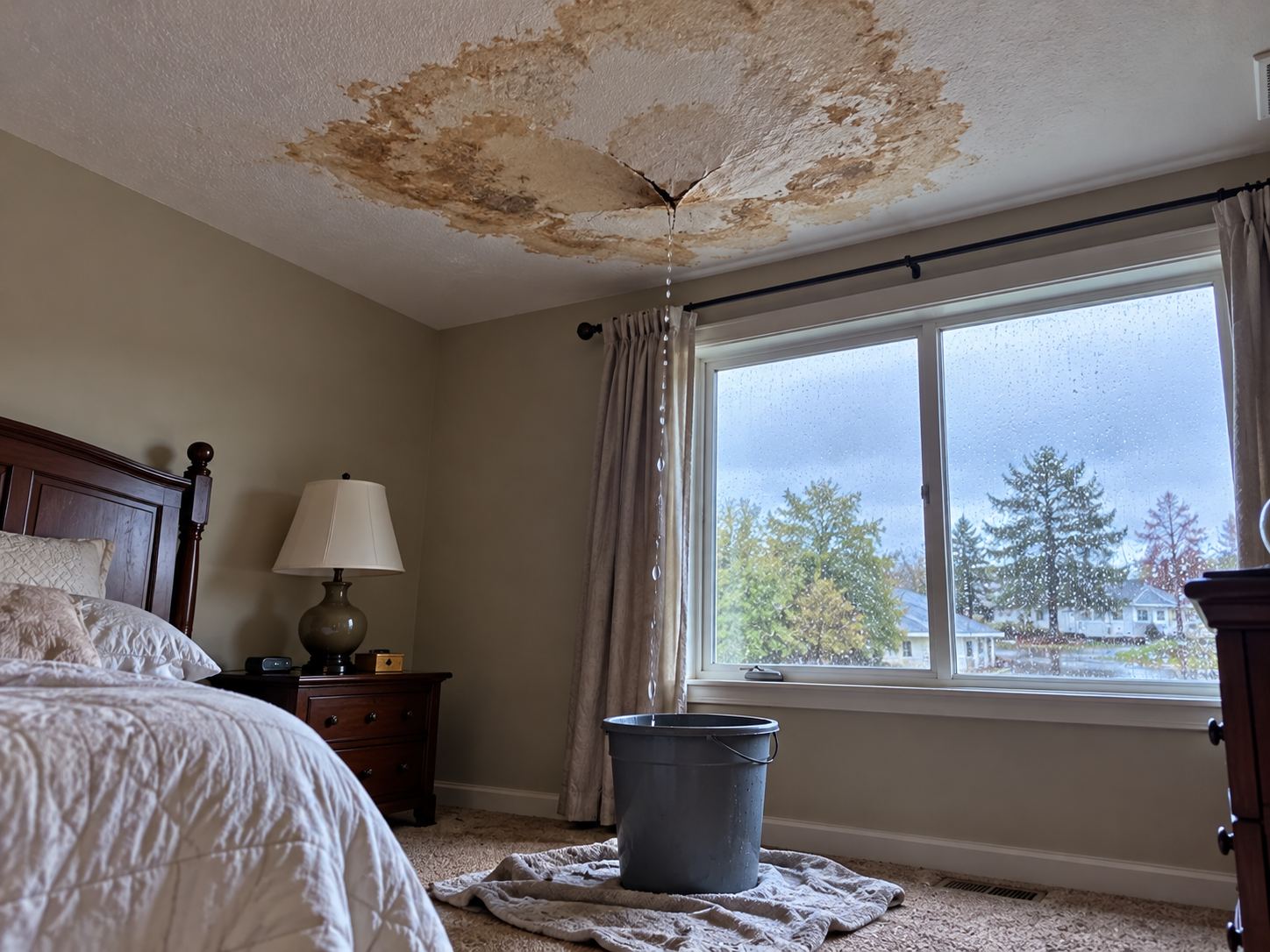 Water-stained bedroom ceiling from a roof flashing leak in an East Bench home in Spanish Fork UT
