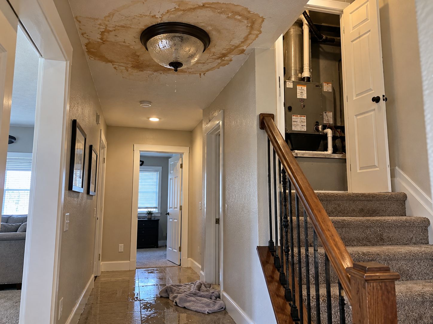 Water-stained ceiling below a furnace closet from an HVAC condensate drain backup in High Sky Estates, Spanish Fork UT