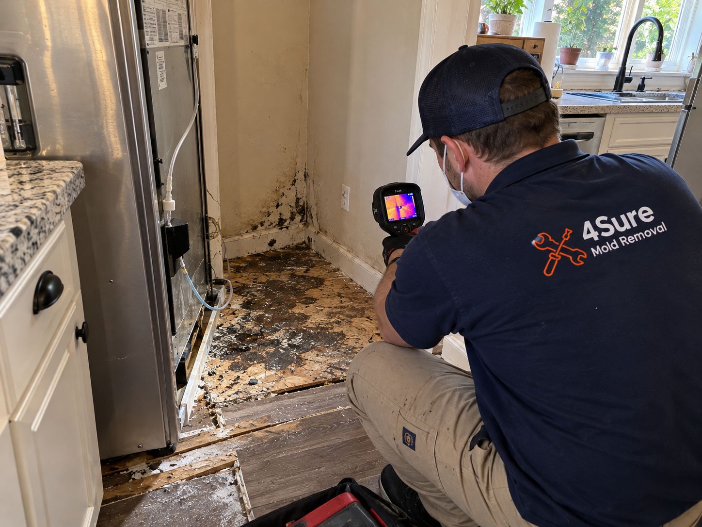 4Sure Mold Removal technician inspecting subfloor mold behind a refrigerator after a slow water line leak in Juniper Ridge, Spanish Fork UT