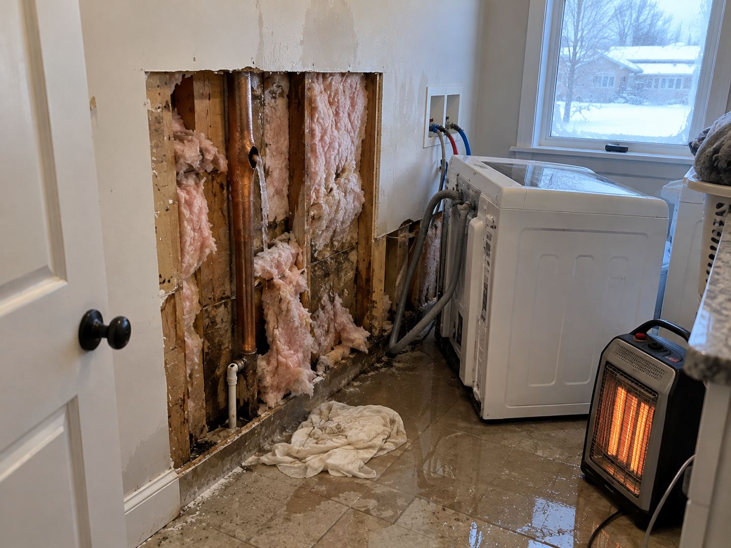 Frozen burst pipe in a north-facing laundry room wall in Kirkham Crossing, Spanish Fork UT