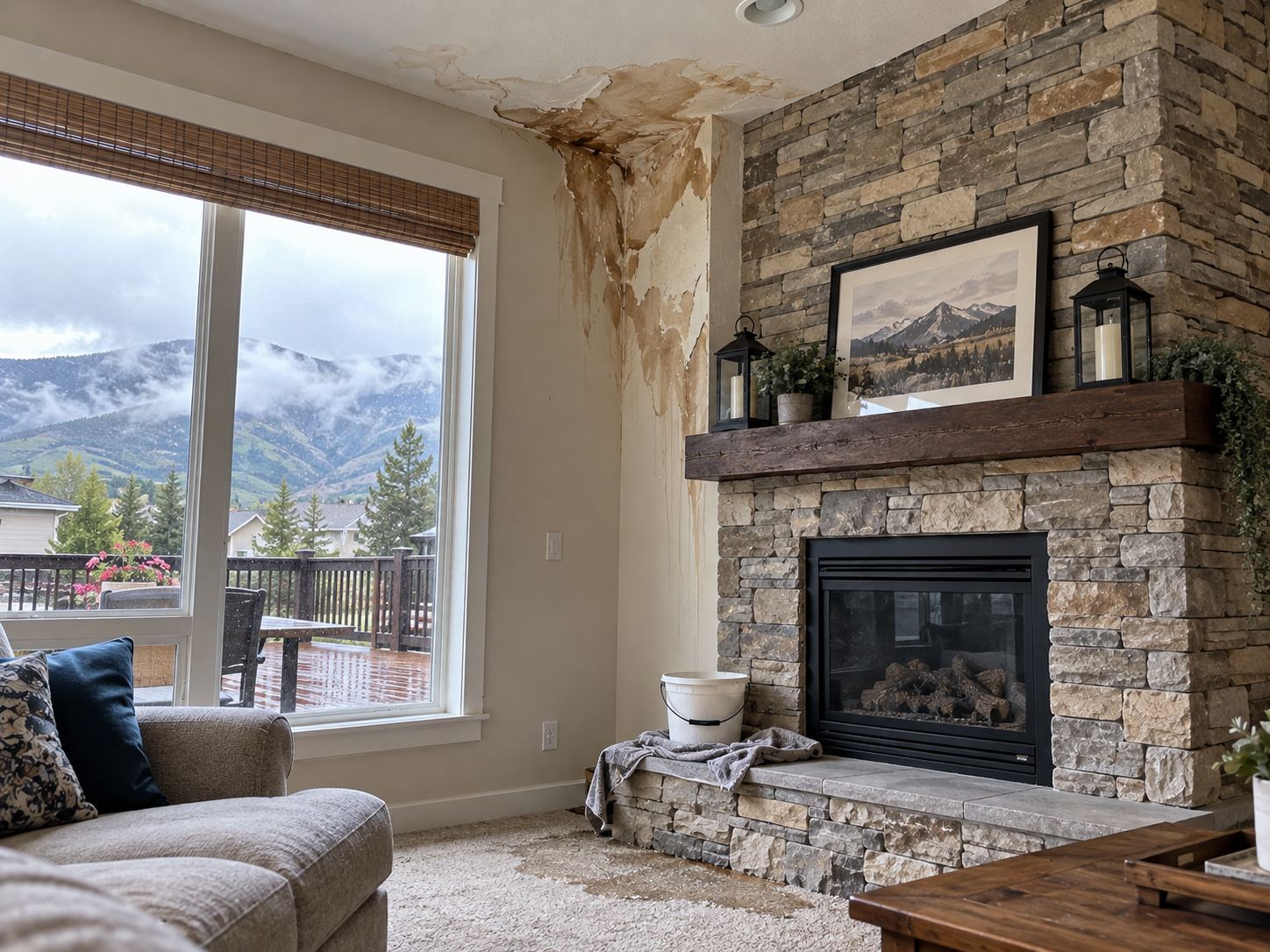 Water damage around a fireplace wall from a chimney flashing leak in Maple Mountain Estates, Spanish Fork UT