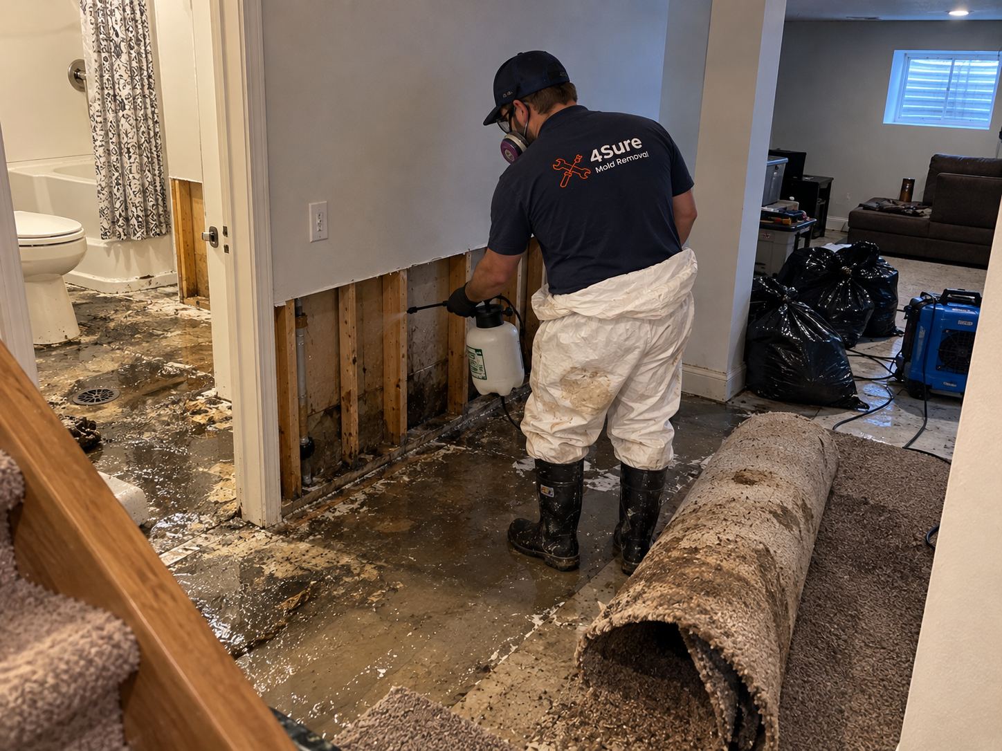 4Sure Mold Removal technician in protective gear cleaning up a sewer backup in a basement near North Park, Spanish Fork UT