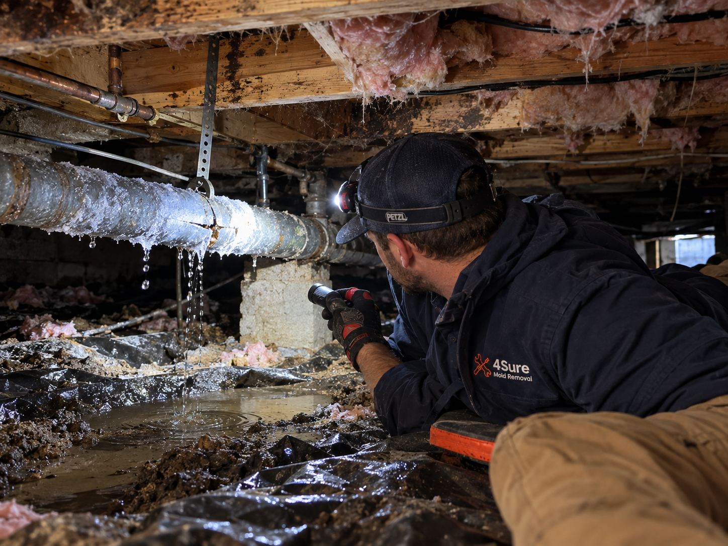 4Sure Mold Removal technician inspecting a frozen burst pipe in an old farmhouse crawlspace in Palmyra, Spanish Fork UT