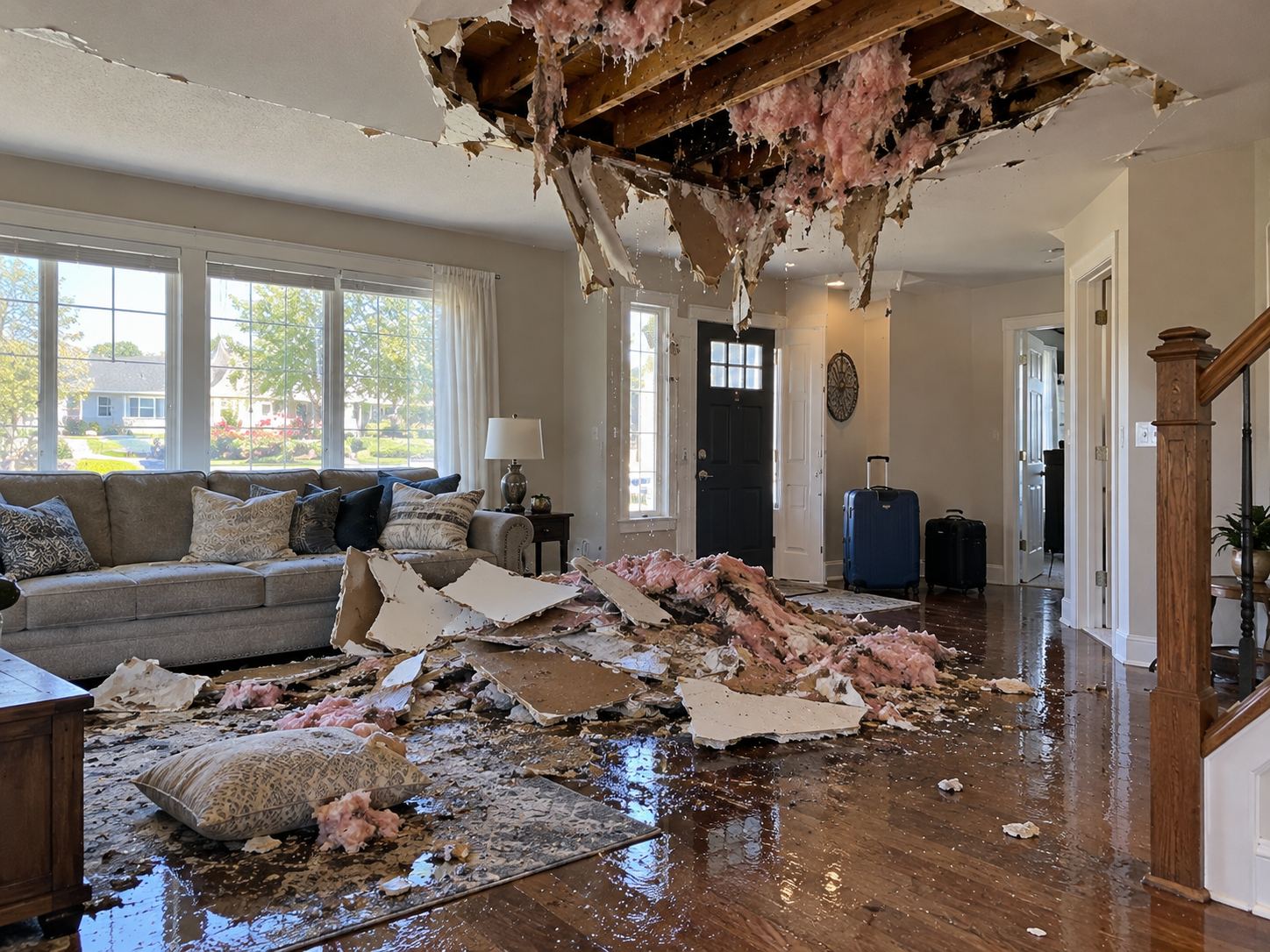 Collapsed ceiling below an upstairs bathroom after a toilet supply line burst in the Reservoir area, Spanish Fork UT