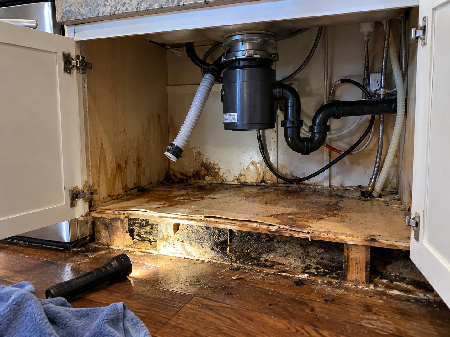 Water-damaged sink cabinet and subfloor from a disconnected dishwasher drain in the Sierra area, Spanish Fork UT