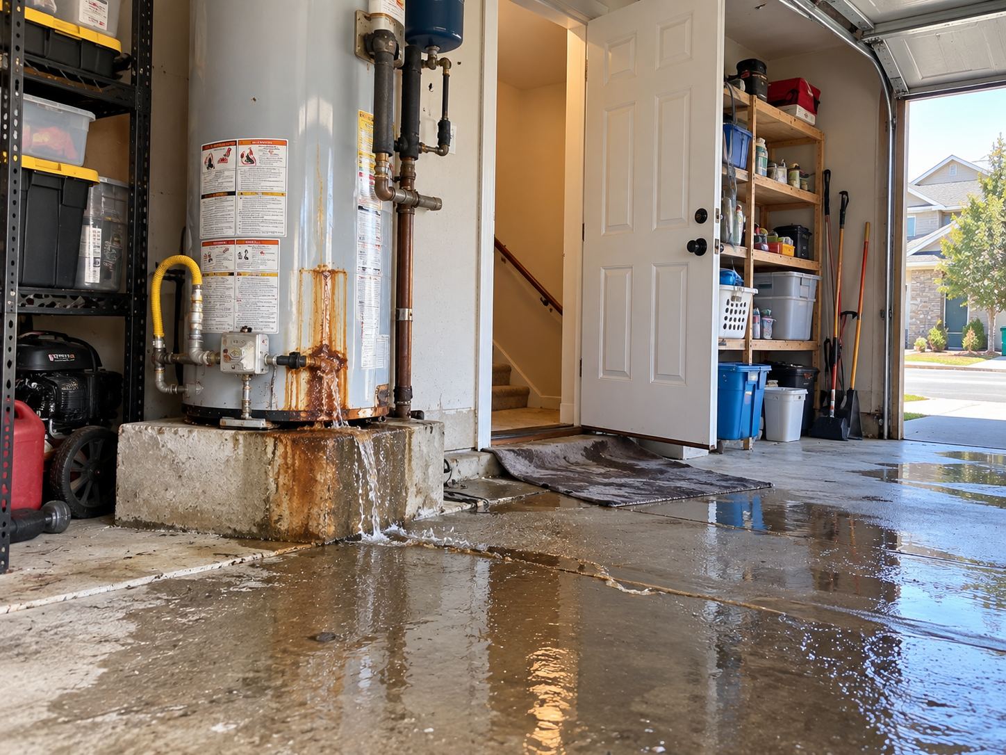 Ruptured water heater in a South Bench garage that flooded a finished basement in Spanish Fork UT