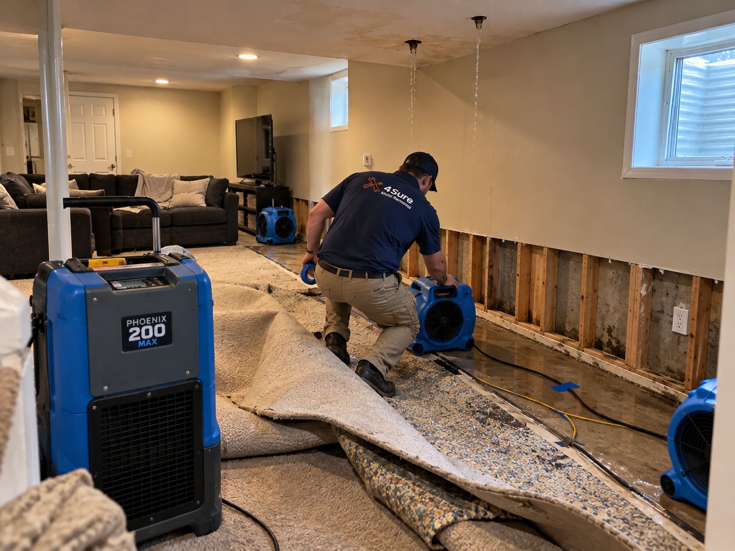 4Sure Mold Removal technician setting up drying equipment in a basement after a washing machine hose failure in Spanish Oaks, Spanish Fork UT