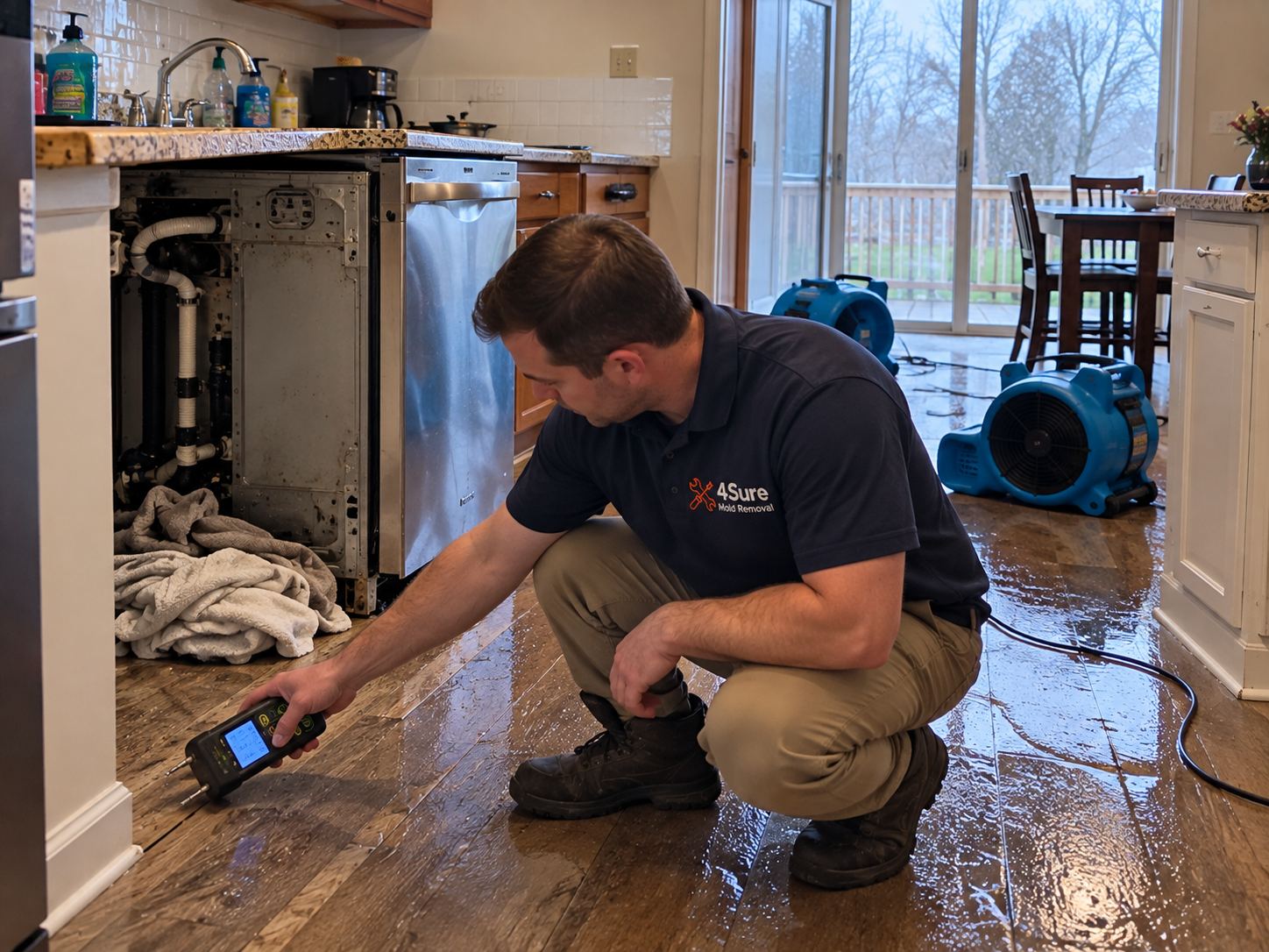 4Sure Mold Removal technician checking a flooded kitchen floor with a moisture meter after a dishwasher leak in Stone Creek, Spanish Fork UT
